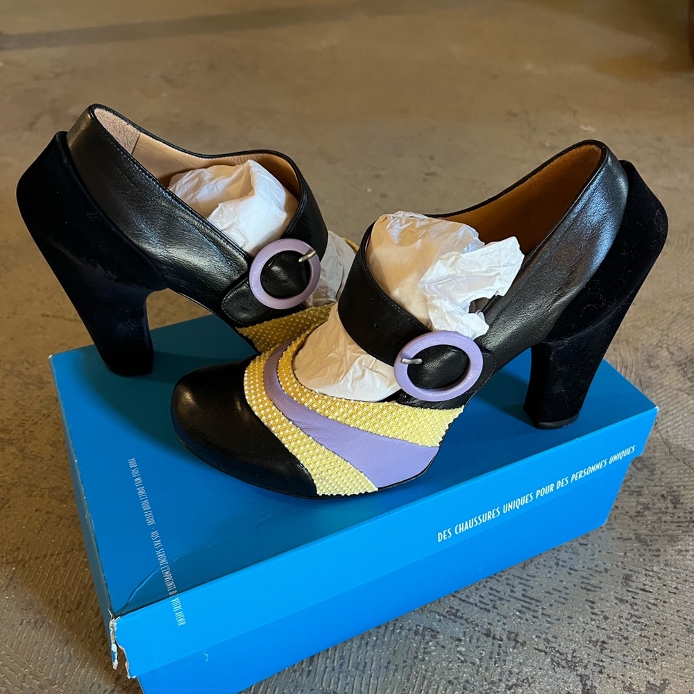 John Fluevog Black and Yellow Heels with Purple Accents